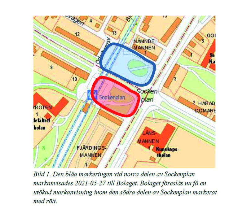 Markanvisningsområdet markerat i rött. Illustration från Tjänsteutlåtande Dnr E2021-03055-Exploateringskontoret-Projektutveckling Söderort
